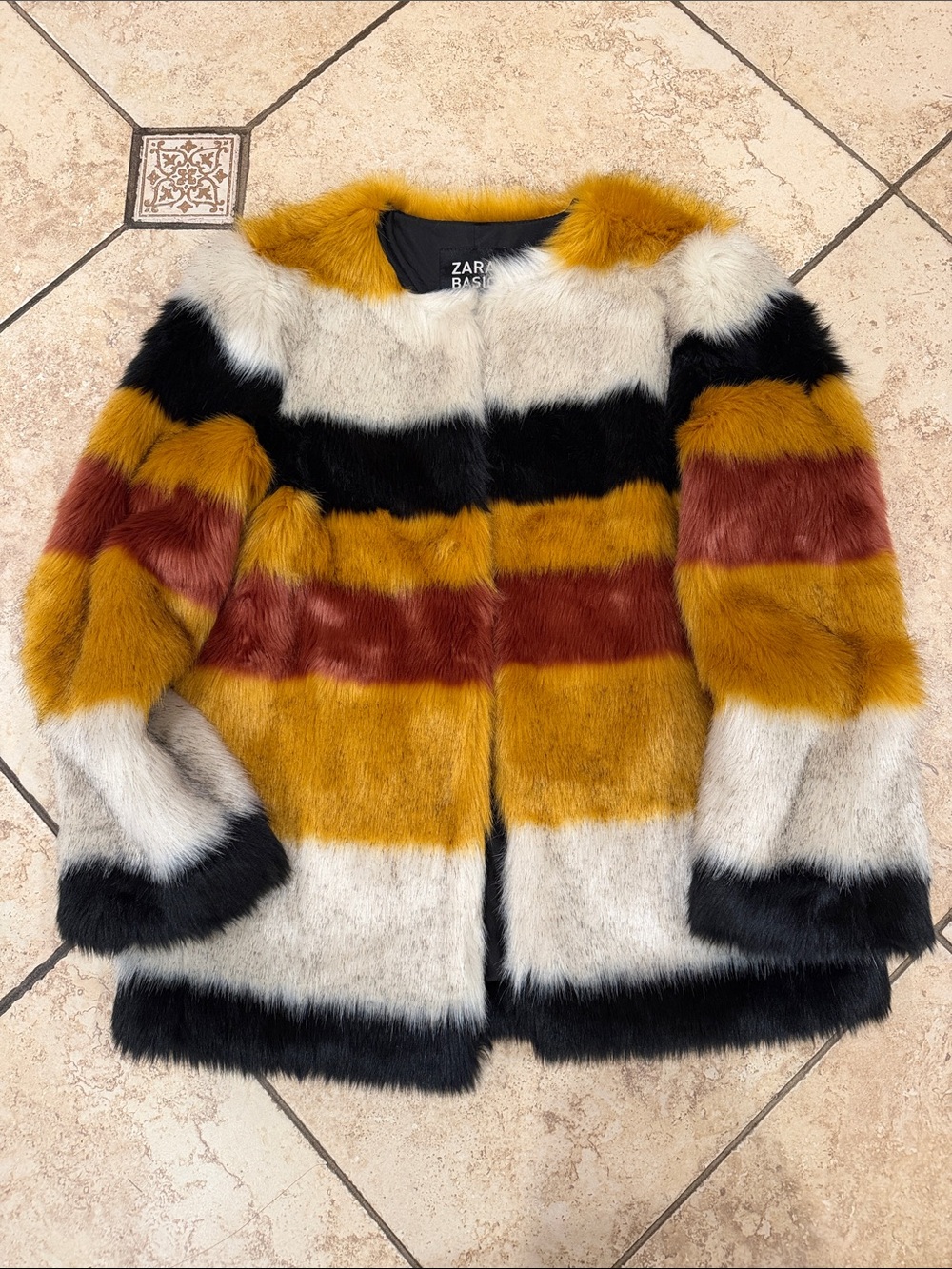 Zara Multicolor Striped Faux Fur Teddy Jacket - Mustard, Rust, Cream & Black